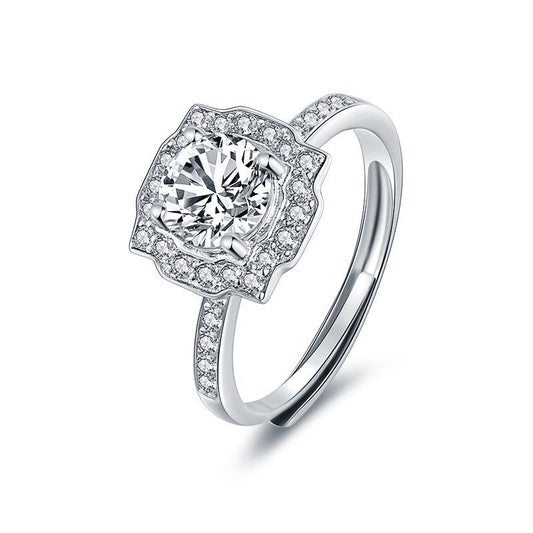 Silver cushion halo ring with VVS moissanite center stone